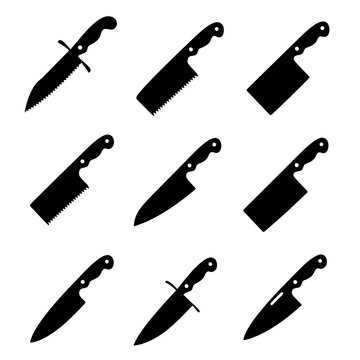 professional kitchen knife, butcher cleaver and sharp blade vector illustration silhouette set for chefs, cooking and food preparation graphic design.