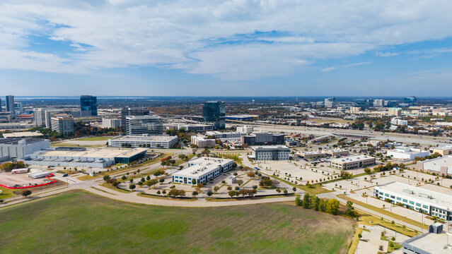 Aerial view of Plano city with many Industries and tech companies around.