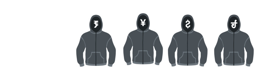 Icons of money. Icons of money in the hoodie hood. Icons of dollar, Indian rupee, Bangladeshi taka and yuan. Vector illustration