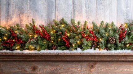 Christmas garland with red berries, pinecones, and lights decorating a rustic wooden mantelpiece over a whitewashed plank wall