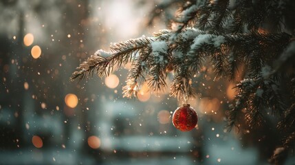Close up of a snow covered pine branch with a single red ornament hanging and soft bokeh lights in the background