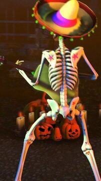Seamless vertical video mexican sugar skeleton playing guitar in a graveyard. Funny Halloween vertical video.