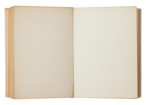 Open blank aged book pages isolated on a transparent background