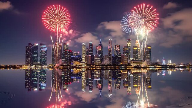 4k, Vibrant fireworks exploding over the illuminated city skyline, mirrored in the calm waters below, captured in a wide-angle shot with cool, dark tones at