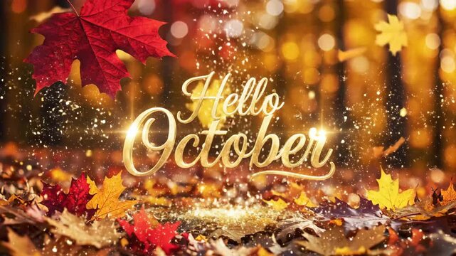 Golden October Autumn Leaves Background - This video showcases a festive "Hello October" text overlay with golden sparkles, set against a backdrop of vibrant autumn leaves.