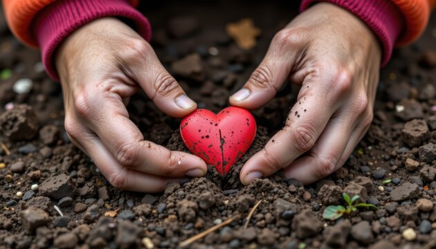 Hands nurturing a heart-shaped leaf in soil. - Powered by Adobe