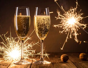 Two glasses of bubbly and sparklers with a wooden background