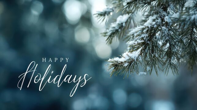 Softly falling snow blankets evergreen branches with a gentle happy holidays greeting in elegant script