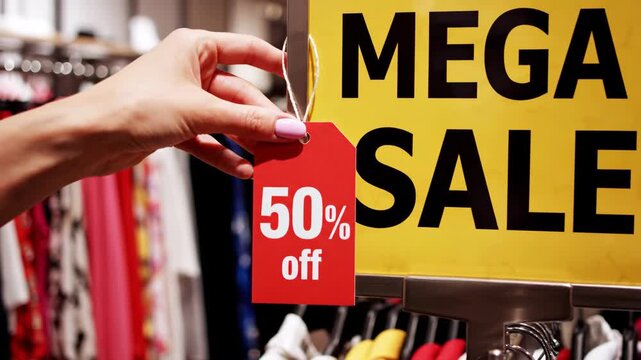 Mega Sale 50 Percent Off Tag - A woman's hand holds a red tag that reads "50% off" next to a sign that reads "Mega Sale" in a store. The background features a rack of clothes out of focus.