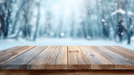 Rustic wooden table against a dreamy winter wonderland backdrop with falling snow, perfect for holiday promotions or product displays this season