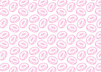 Seamless donut pattern featuring hand-drawn pink line art doughnuts with icing and sprinkles. Cute, minimal, and playful doodle style, perfect for packaging, backgrounds, bakery branding