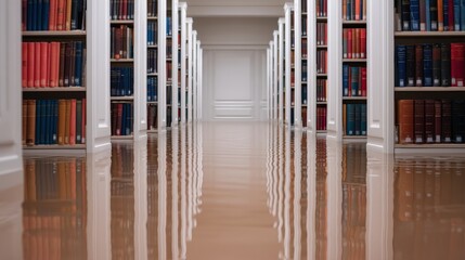 Obraz premium A flooded library showcasing rows of bookshelves reflecting in the water, creating a surreal and tranquil atmosphere.