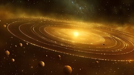 Golden space scene showcases a vibrant galaxy with planets and rings creating a celestial and cosmic atmosphere perfect for science fiction themes