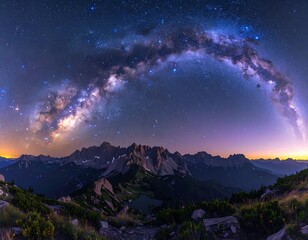 Vast panoramic view night sky over majestic mountains and greenery