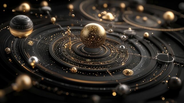 An abstract digital artwork featuring concentric dark rings with golden accents and orbiting spheres, evoking a sense of cosmic or technological complexity.