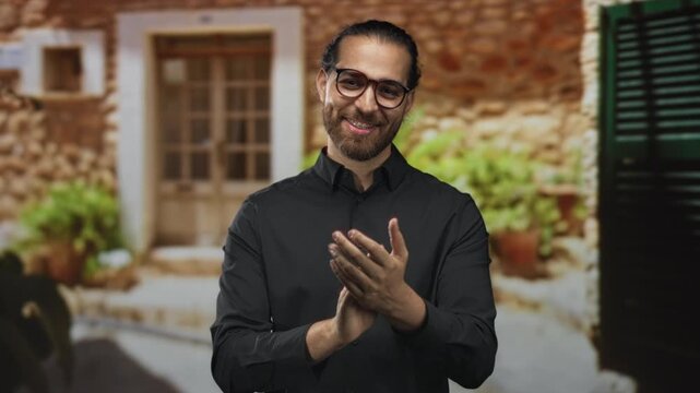 Man clapping hands and smiling at a building entrance by a rustic house, wearing glasses, beard and black shirt, outdoors and approachable; welcome.