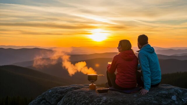 Couple enjoying the sunset while cooking on a portable stove in the mountains, creating a serene and romantic atmosphere
