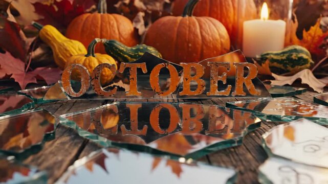 October Decoration with Pumpkins and Mirror Shards - An October themed decoration with pumpkins, gourds, a candle and autumn leaves arranged on a rustic wooden surface.