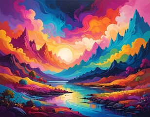 Vibrant colorful landscape featuring mountains, a lake, and a sunset