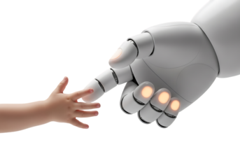 Humanity and ai connection: child's hand touching robot hand