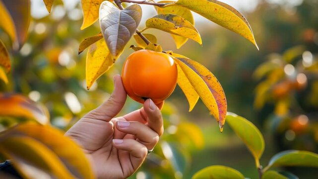 Hand holding a ripe persimmon fruit on a tree branch with yellow leaves in autumn season