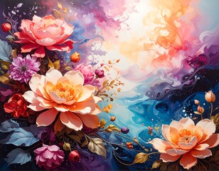 Vibrant floral arrangement amidst colorful, swirling abstract background