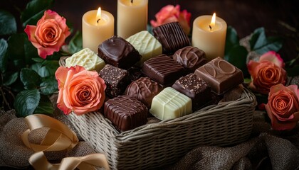 Assortment of gourmet chocolate confections presented in a woven basket surrounded by glowing candles and soft coral roses.
