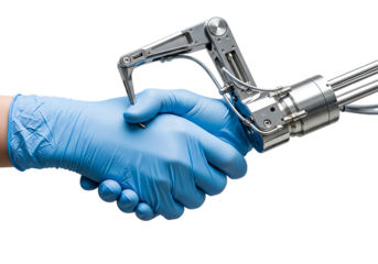 Human hand in glove shakes advanced robotic arm, future technology