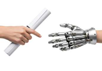 Human hand presenting diploma to robot hand, future education.