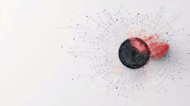 An abstract visualization of a network or data structure with a central black circular element and a radiating burst of red data points against a clean white ba