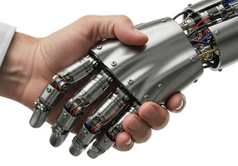 Human hand shaking robotic hand, showing partnership and future technology