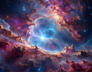 Vivid cosmic clouds swirl around a brilliant, radiant star system