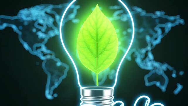 A vibrant green leaf glows inside a light bulb against a 4k, blue world map backdrop, symbolizing eco-friendly innovation with sleek, modern rendering and dark,