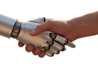 Human and robot hand handshake, symbolizing future technology ai