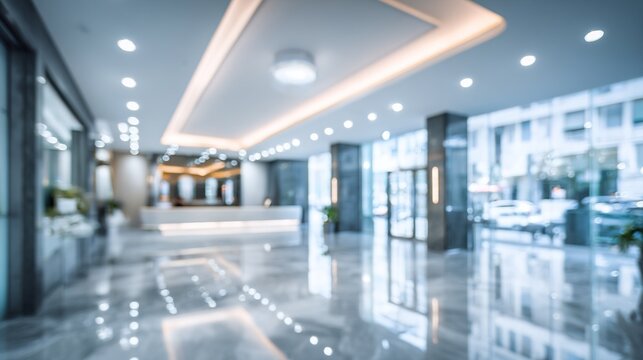 blurred office lobby entrance building background, defocus luxury clinic hospital corridor, modern hotel reception hall interior. High quality