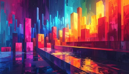 Vivid cityscape art stylized, colorful blocks and reflections