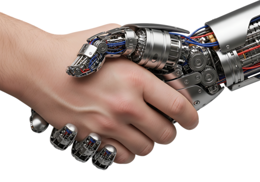 Human and robot hand shake in futuristic partnership concept