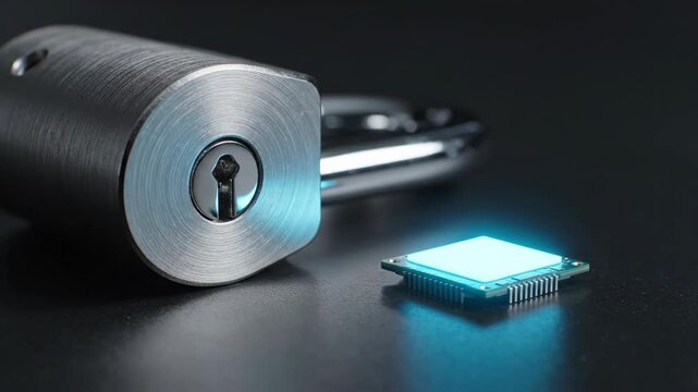 Lock  glowing chip on dark surface padlock body close up shackle behind Chip emits blue light  shadow