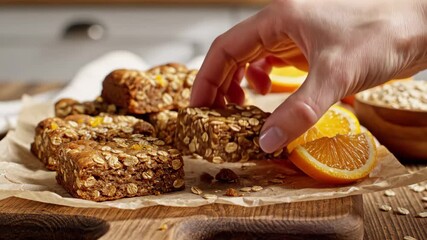 Delicious Orange Oat Snack Bars - A hand reaches for a healthy orange oat bar presented on a wooden cutting board with orange slices and rolled oats.