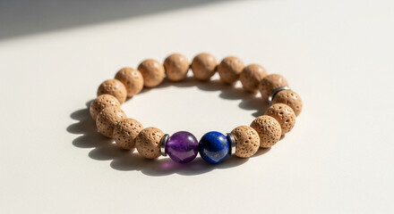 Obraz premium Natural cork bracelet with purple and blue beads on white surface 