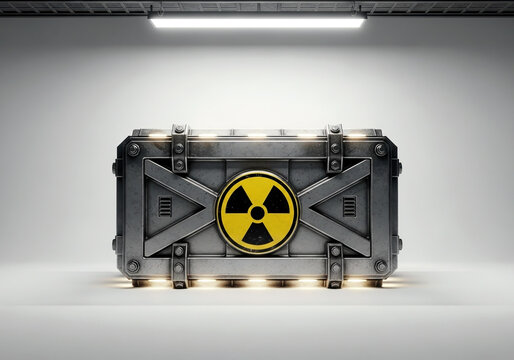 Heavy duty metal container with radiation warning symbol on white