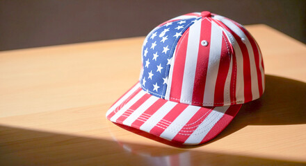 Obraz premium Baseball cap with American flag design on wooden table 