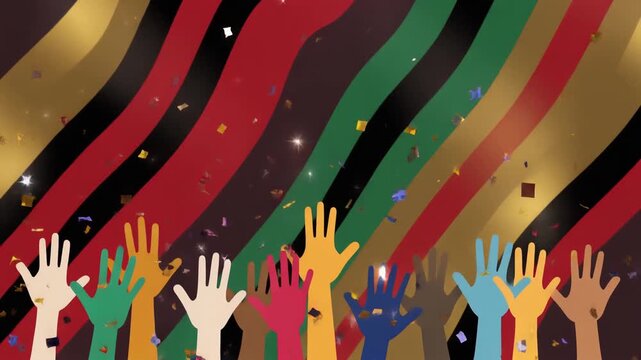 Colorful raised hands celebrating unity and freedom with abstract shapes creating a joyful uplifting background