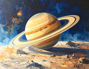 Watercolor depiction of a planet with rings and a distant starry sky
