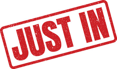 A vibrant textured rubber stamp with Just In text, signifying new arrivals or recent updates for announcements and retail promotions