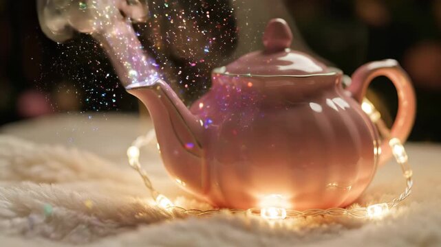 Pink Teapot with Magical Glowing Steam - A pink teapot sits on a soft, plush surface surrounded by warm fairy lights.