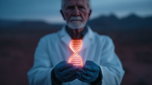 A scientist in a lab coat holds a glowing DNA helix model, set against a dramatic landscape, symbolizing advances in genetic research and biotechnology. - Powered by Adobe