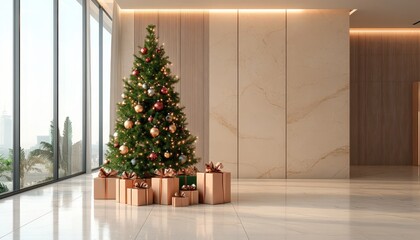 Illuminated holiday tree adorned with ornaments stands near expansive windows in a modern, upscale interior space
