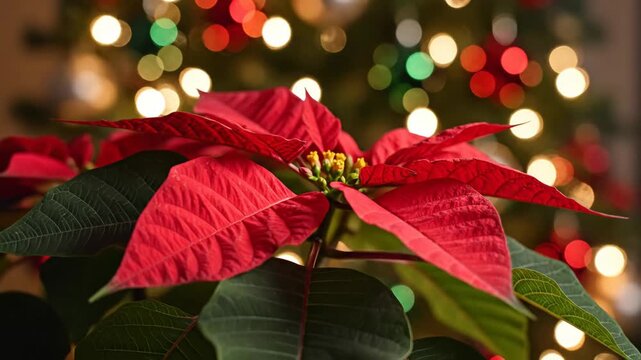 Festive Poinsettia with Bokeh Lights - A close-up shot features a vibrant red poinsettia with green leaves, set against a festive backdrop of bokeh lights.