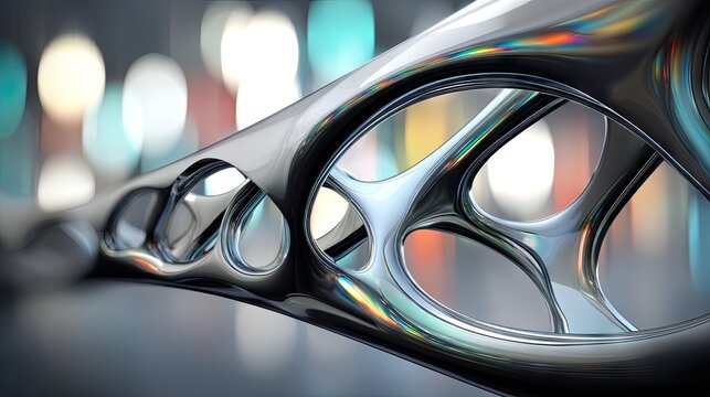 A close-up, abstract view of a sleek, metallic structure with intricate, organic-shaped openings. The background features soft, blurred colorful bokeh lights, s